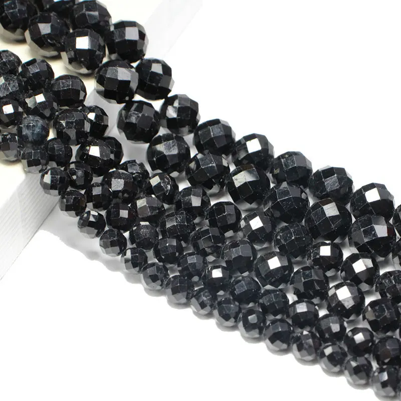 Fine 100% Natural Stone Faceted  Black Tourmaline Round Gemstone Spacer Beads For Jewelry Making  DIY Bracelet Necklace 6/8/10MM