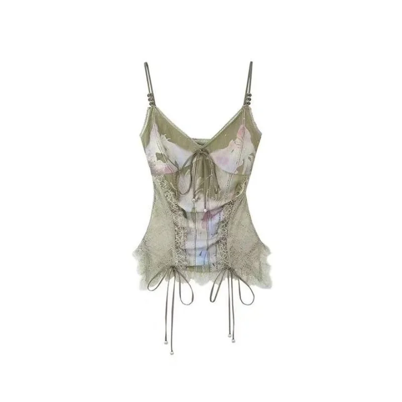 Y2K Hot Girl Heavy Industry Lace Splicing Printed Beaded Strap Trendy New Women's Tank Top Slim Fit Top for Summer Ins