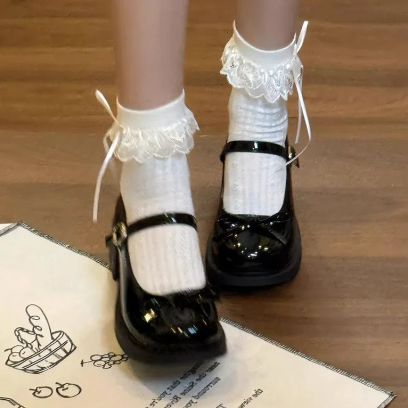 Women Bow One Strap Buckle Low-Cut Platform Block Heel Mary Jane Shoes, Preppy JK Lolita Height Increasing Dress Heel Shoes