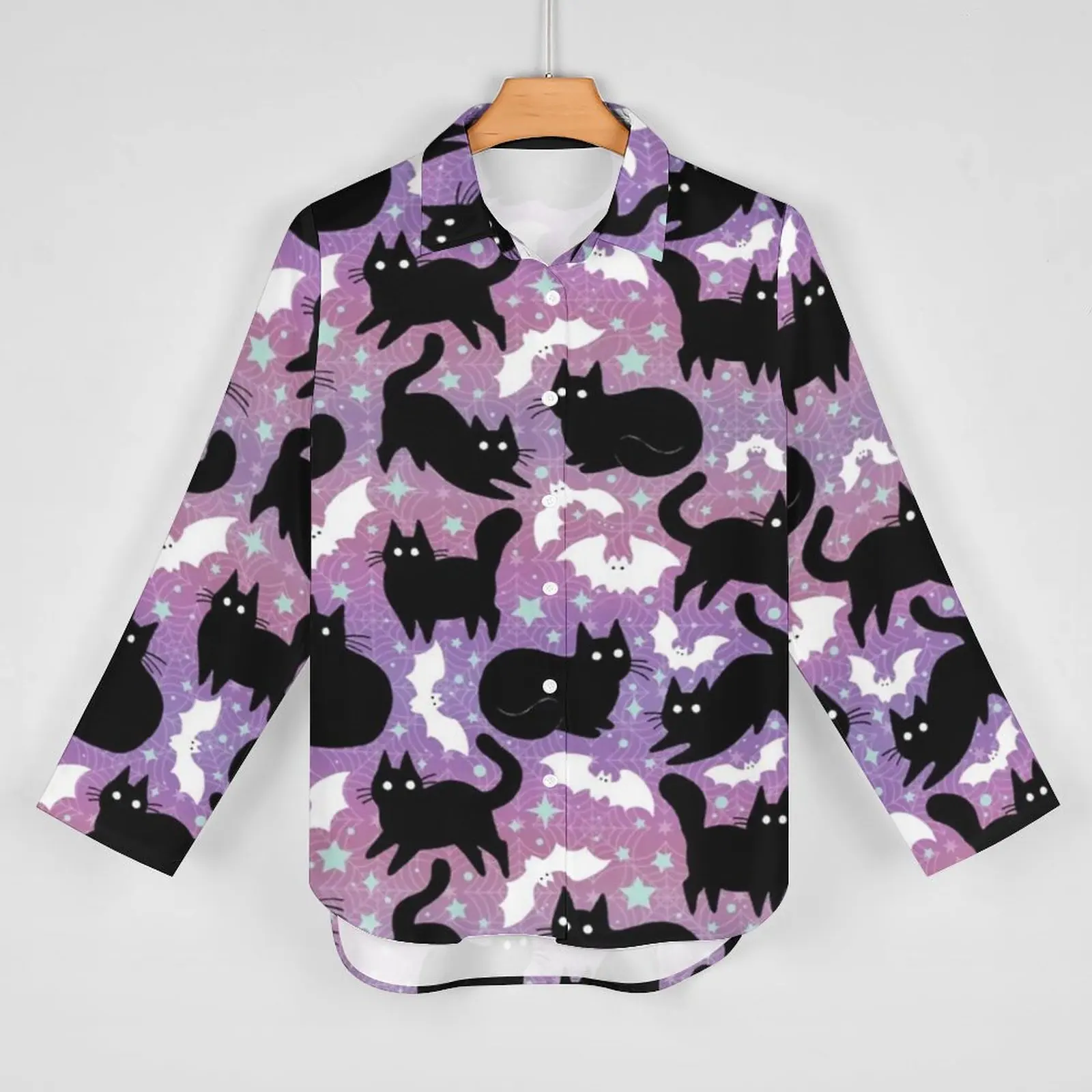 Lustige schwarze Katze lässige Bluse Langarm Pastell Halloween Blusen Frauen Straße tragen übergroße Hemden benutzer definierte Tops Geburtstags geschenk