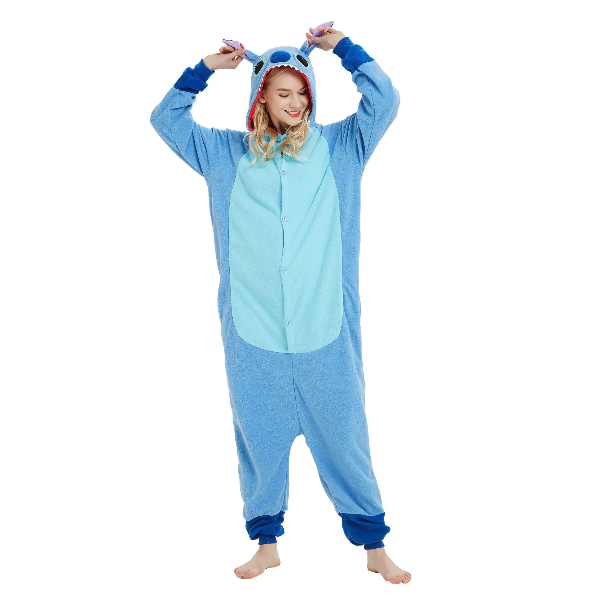 Halloween Fleece Cartoon Stitch Angel Jumpsuit Pajamas, Blue Pink Stitch Couple Home Casual Hooded Clothes, Performance Clothes