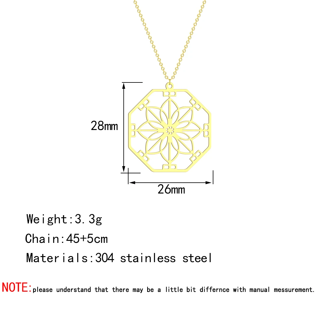 Kinitial Octagon Mandala Flower Pendant Stainless Steel Necklace Women's Fashionable Bohemian Style Birthday Gift Jewelry