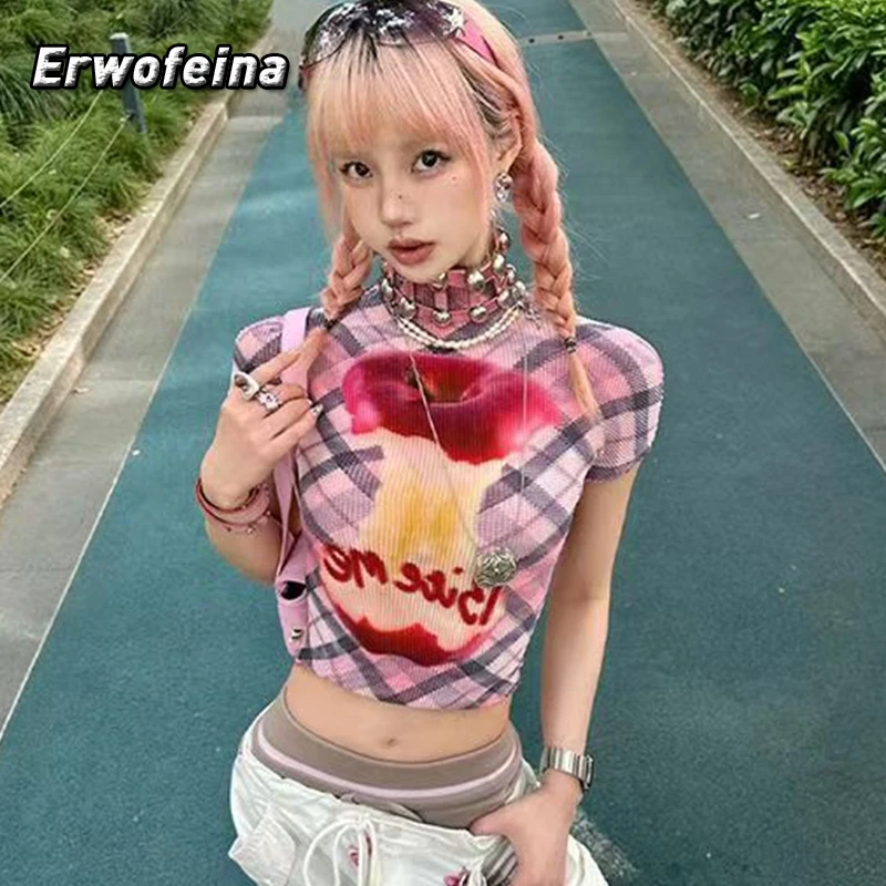 

Erwofeina Hotsweet T-shirt Skinny Short Sleeve Tee 2000s Clothes Y2k Korean Fashion Summer Tops Tanks Chic Pink Woman Clothing