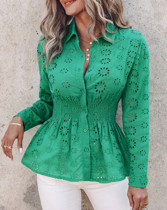 Green Autumn Outfit New Long Sleeved Perforated Embroidered Lapel Shirt with Drawstring Waist Cinching Slim Fit Fashionable Top