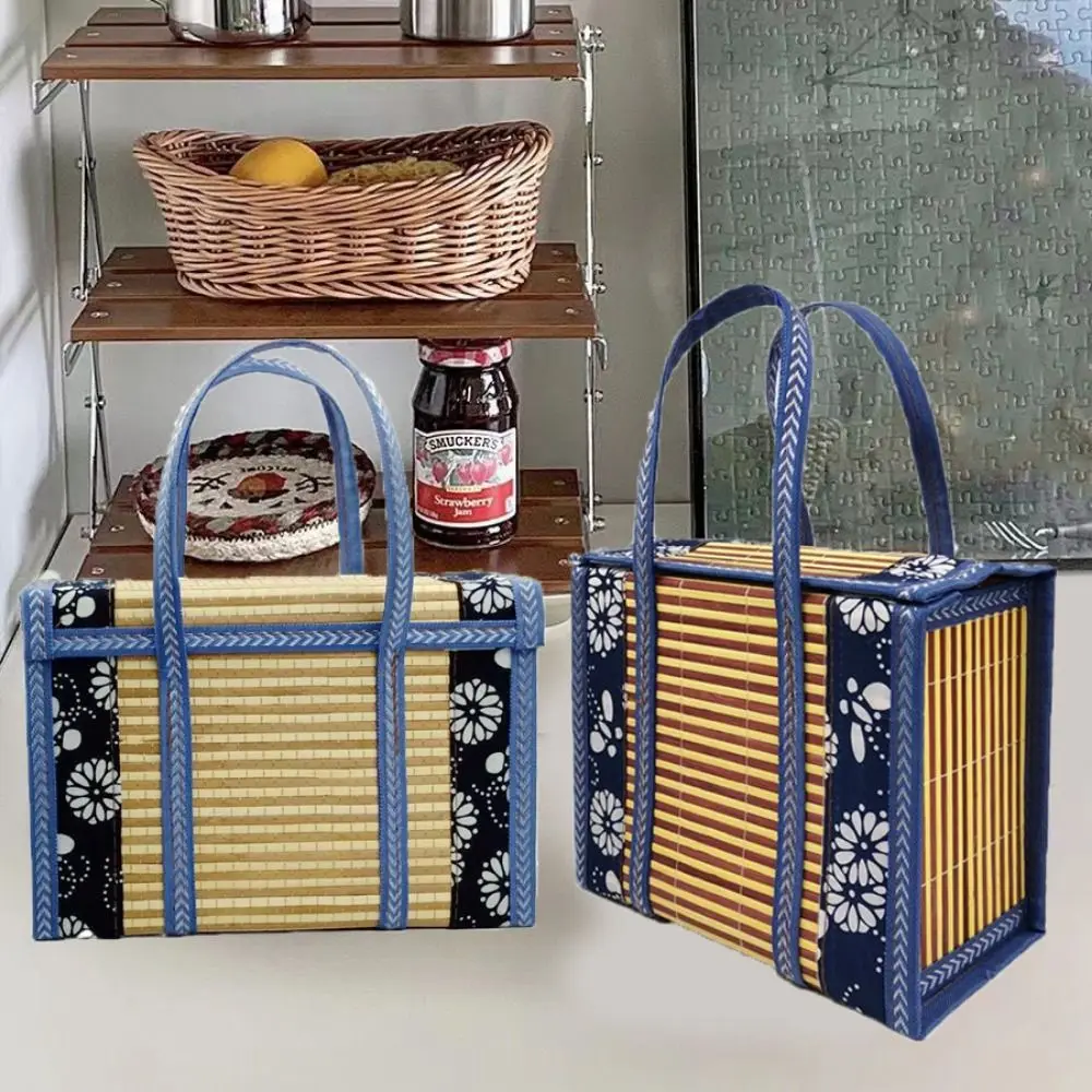 

Rectangular Bamboo Picnic Basket Large Capacity Foldable Hand-Woven Basket with Lid Eco-friendly Handheld Woven Basket Camping