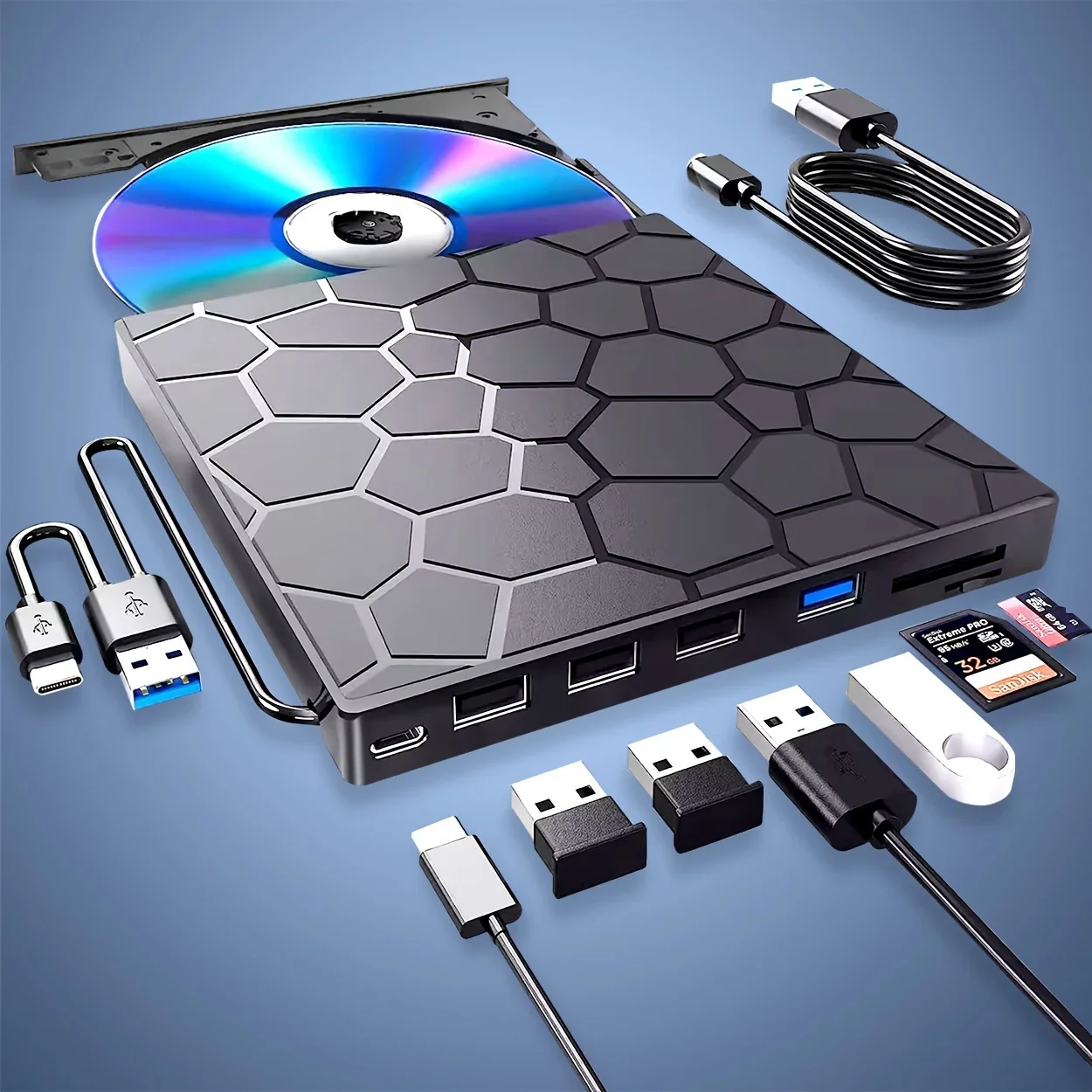 Unidade de CD/DVD externa 8 em 1 - Gravador de CD USB 3.0 para laptop e desktop - Compatível com Mac, Windows 11/10/8/7, Linux