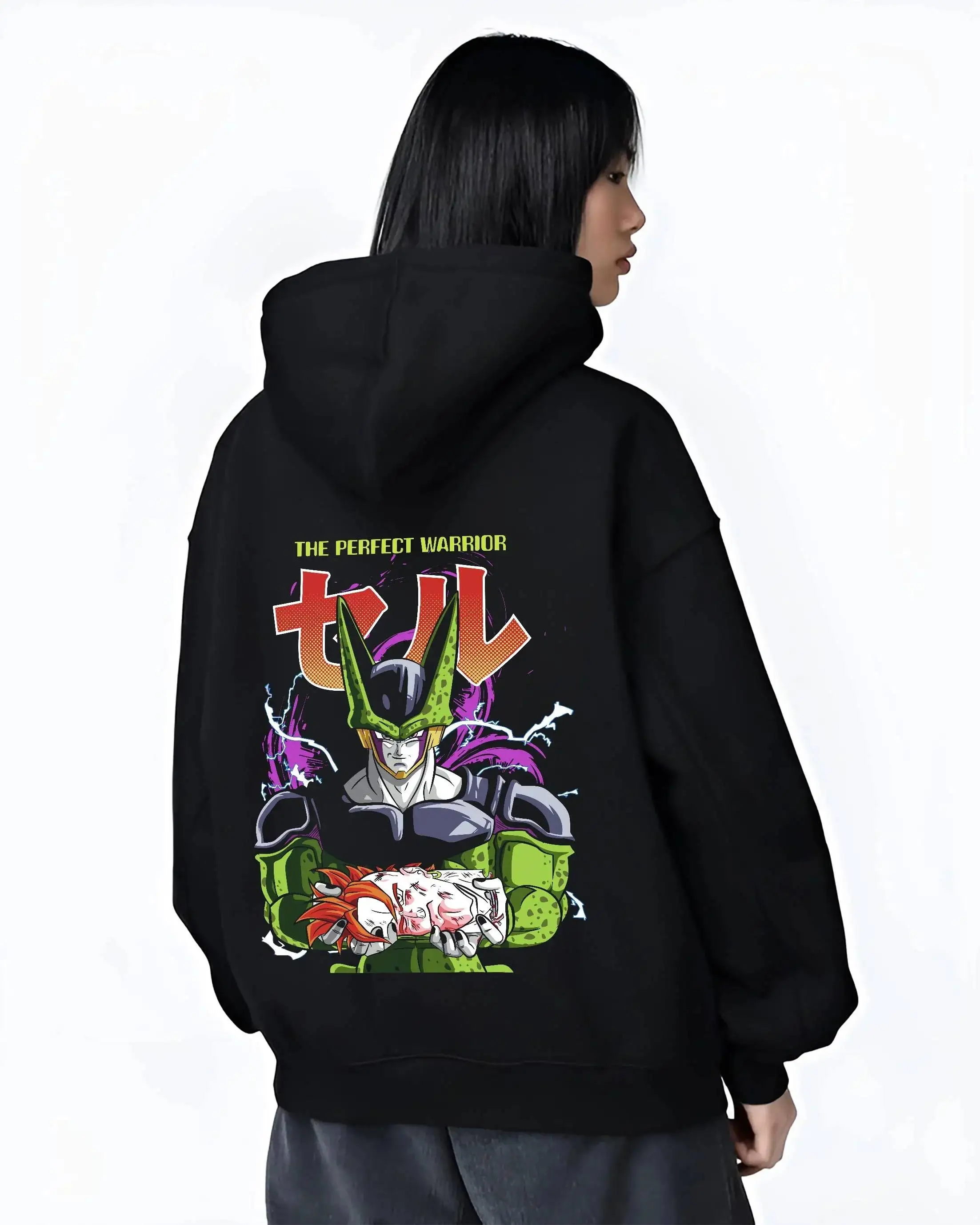Dragon Ball Anime Cell Zwarte Hoodie Perfect Warrior Print Groene Schurk Karakter Katoenen Sweatshirt met Battle Scene Design