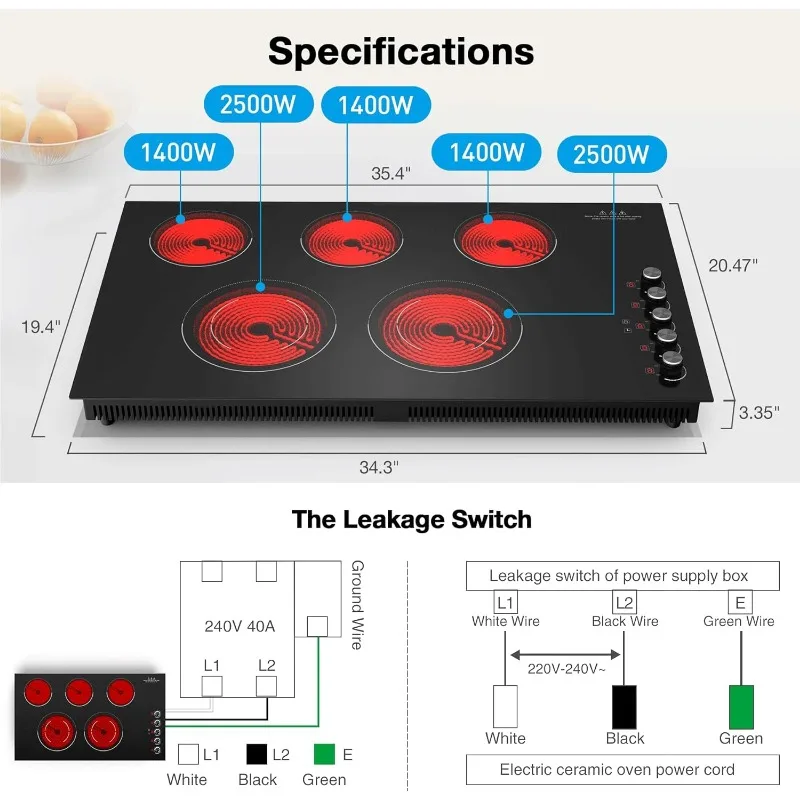 Cooktop elétrico de 36 polegadas, 36 polegadas, cooktop elétrico, 9200w embutido e bancada de 36 polegadas com 9 níveis de energia, bloqueio de segurança infantil