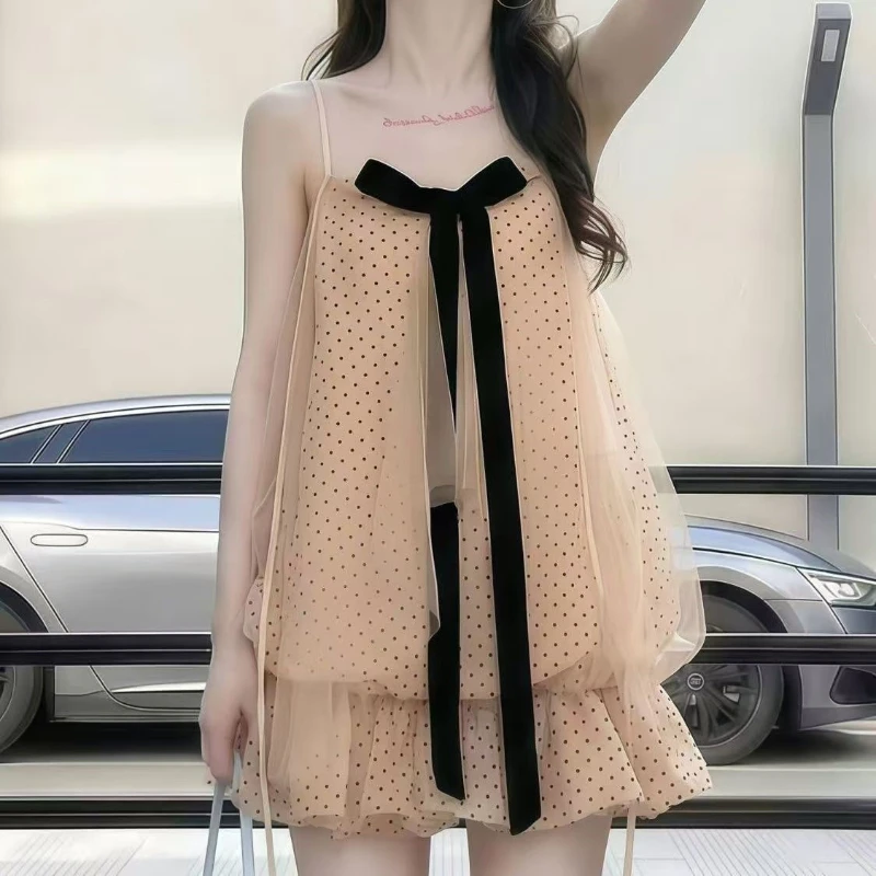 

2026 Summer New Sweet Temperament Princess Storm Point Hanging Neck Mesh Bow Fluffy Short Skirt for Women