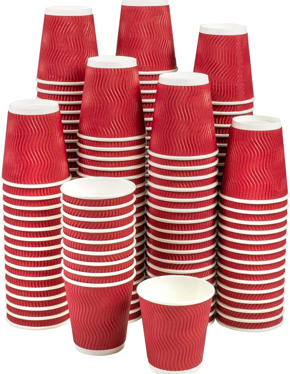 

Set of 150 Insulated Red 12oz Paper Cups Coffee Tea Hot Cups Recyclable 3 Layer Rippled Wall For