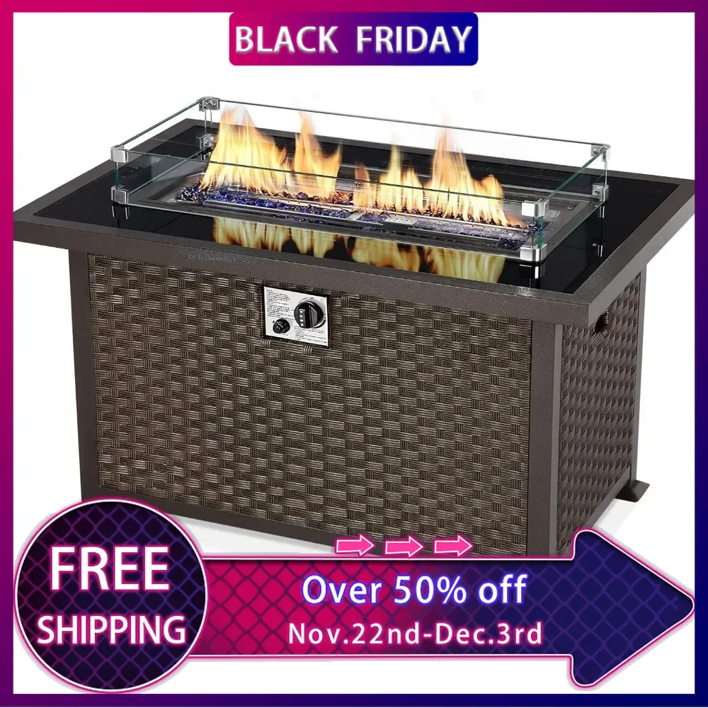 44in Outdoor Propane Gas Fire Pit Table, 50,000 BTU Auto-Ignition Gas Firepit, Black Tempered Glass Tabletop & Blue Glass Rock