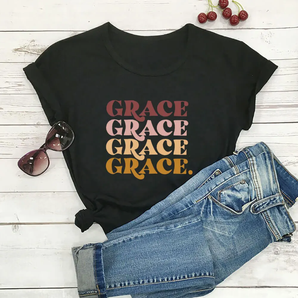 

Grace Color Print New Arrival Christian Shirt 100%Cotton Women Tshirt Unisex Funny Summer Casual Short Sleeve Top Faith Tee