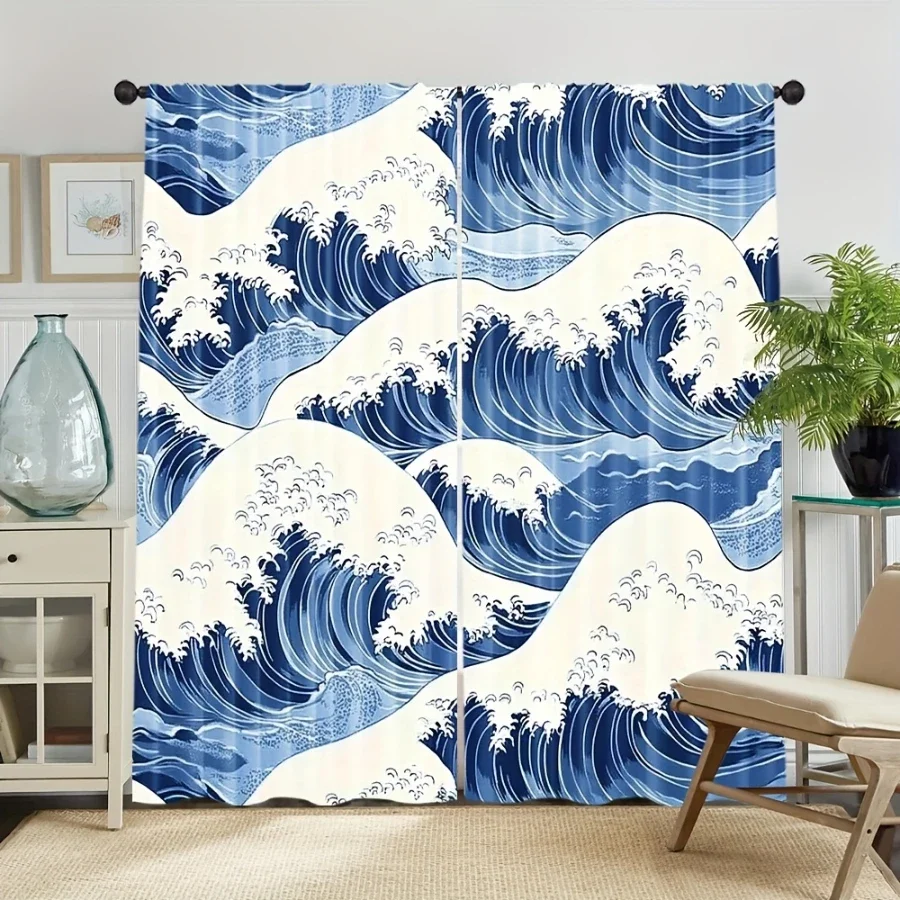 Large Blue Wave Curtain Panels for Living Room Home Decor Waterproof Beach Style Window Drapes