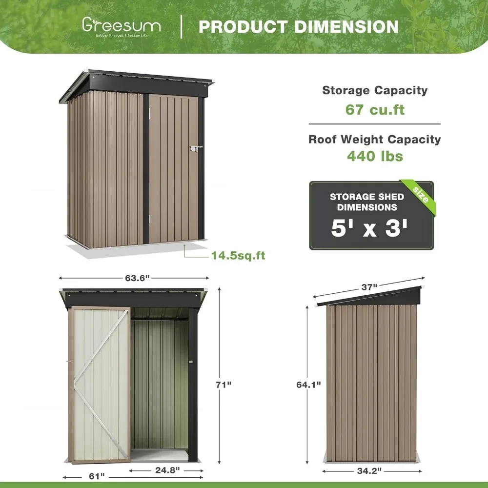 Outdoor Storage Shed 5 x 3 ft. Utility Tool Shed Metal Storage Garden Shed with Door & Lock for Patio Storage, Brown Sheds