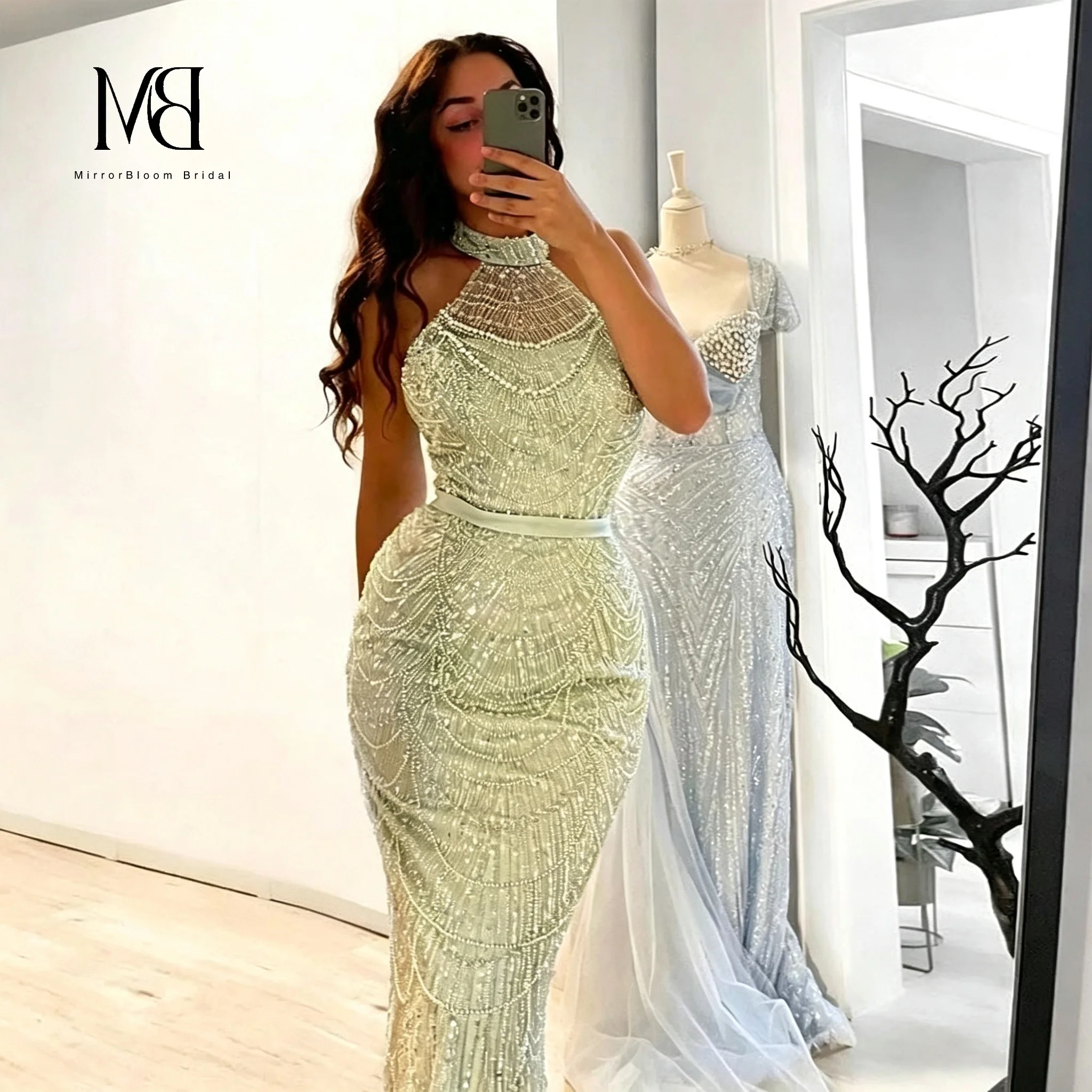 Polished Beaded Mermaid Evening Dress Halter Neck Sheer Collar Hand Stitched Linear Embellishments Floor Length Formal Gown