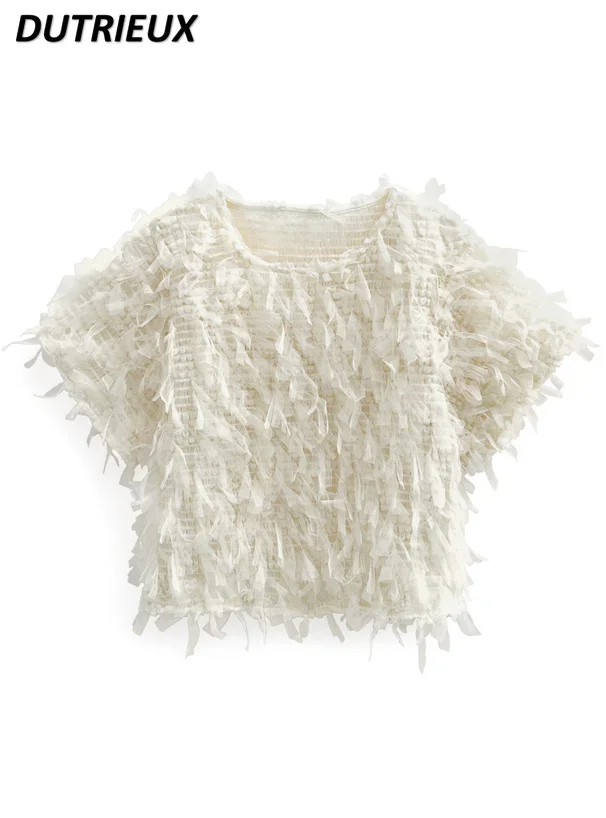 Women's Tops Spring Summer New Fashion Japanese Style Short Sleeve Top Sweet Cute Casual T-shirt Tassel Round Neck Pullover