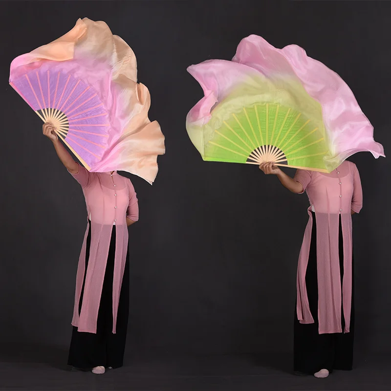 Light Silk Veil Purple Pink Orange Gradient Color One Pair 100% Silk Bamboo Dance Fan Dream Series Double-sided Yangko 86cm