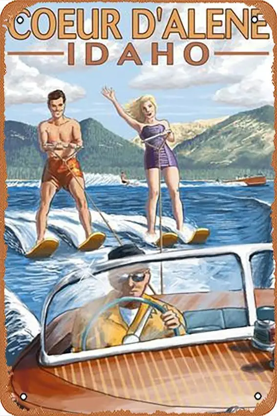 Metal Tin Sign  - Coeur DAlene, Idaho Water Skiing Scene Poster Plaque Cafe, Bar, Home Wall Decor