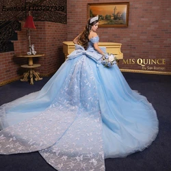 EVLAST Customized Sky Blue Quinceanera Dress Ball Gown Butterfly Applique Beading Bow Sweet 16 Vestido De 15 Anos QD1196