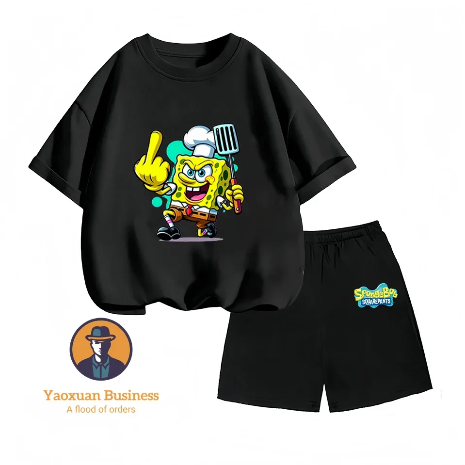 

SpongeBob SquarePants Two-piece Set Short-sleeved Clothes Baby Thin Kids Pure Cotton Air Conditioning T Shirt Pants Suit