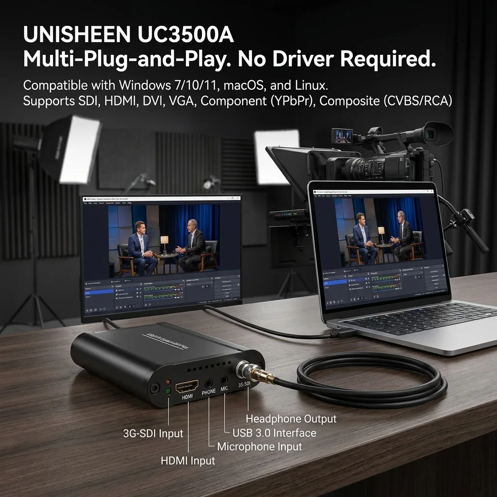 

Unisheen UC3500A Multi-Port Video Capture Box SDI HDMI VGA DVI to USB 3.0 Grabber Endoscopy & Live Stream Broadcast Driver-Free