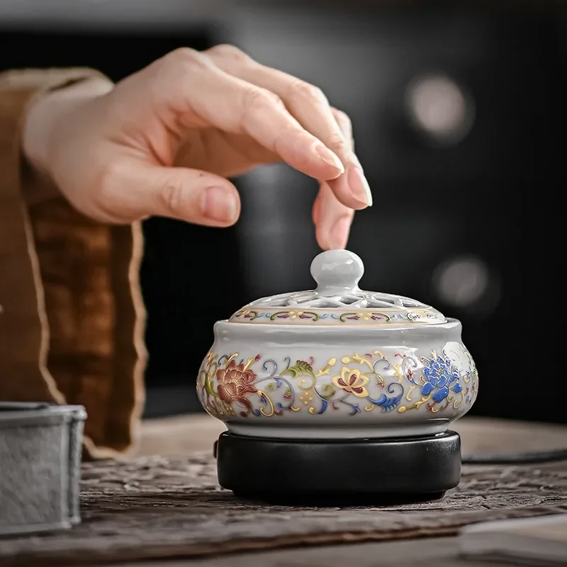 Ceramic Holder Electric Incense Burner Enamel Entwined Lotus Incense Burners Household Timing Temperature Adjustment Fumigation