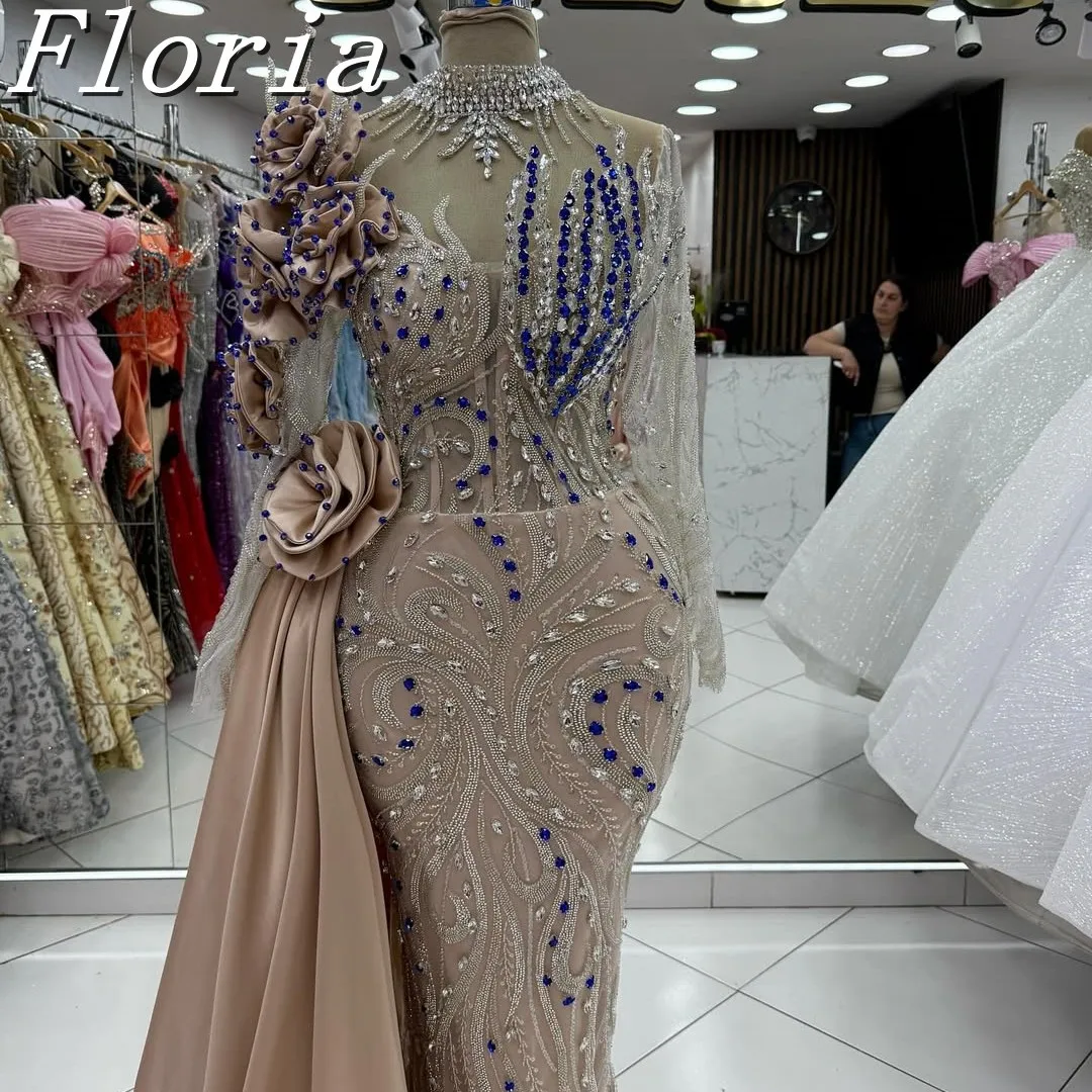 

Fashion Champagne Beaded Mermaid Evening Dresses High Neck Crystals 3D Flora Long Sleeves Prom Party Gowns Customized