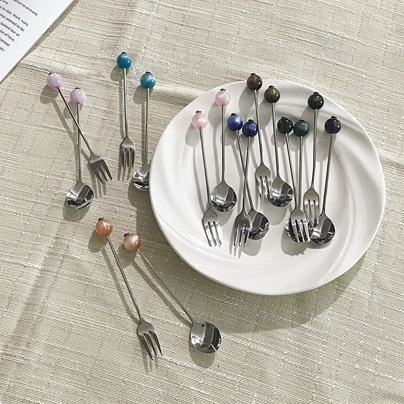 Nordic Style 304 Stainless Steel Dessert Spoon and Fork Set with Glass Bead Handle Creative Coffee Stirring Spoon for Home Use
