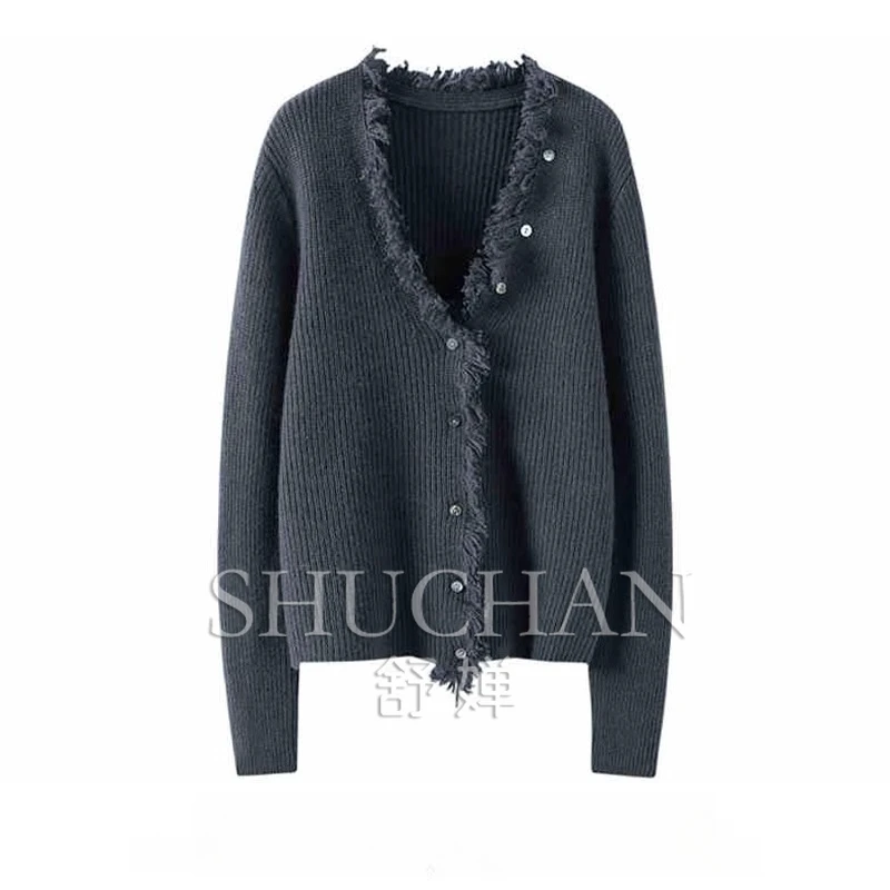 

Дизайнерский кардиган с v-образным вырезом и бахромой, однотонный осенне-зимний новый кашемировый вязаный свитер для женщин