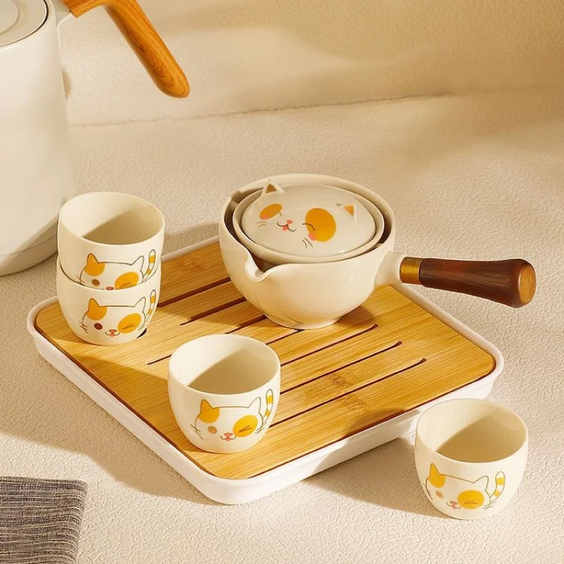 Lucky Cat Tea Set Portable One Pot Four Cups Travel Outdoor Storage Teacup Tea Tray Teapot Household Tea Making