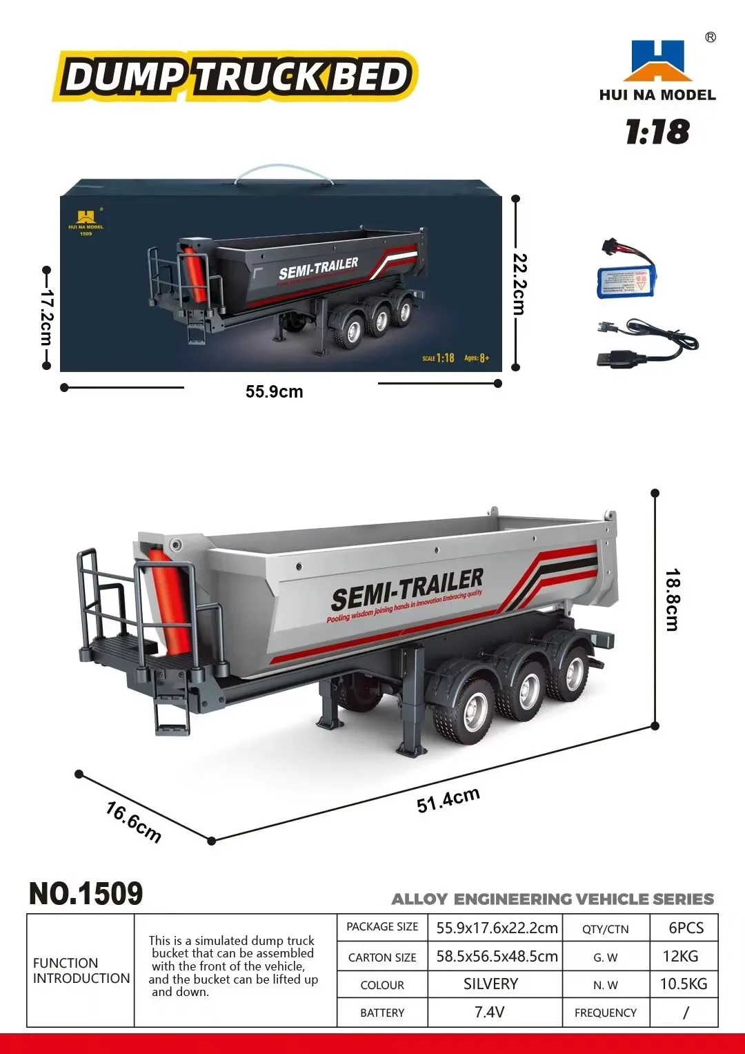 

Huina 1509 1/18 RC Car Electric Lifting Accessory For 1501 Rc Tractor Truck With Taillight And Support Leg Collectible Model