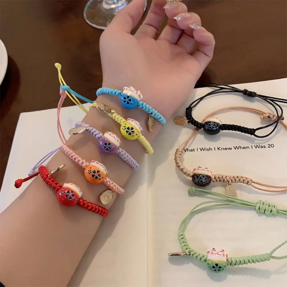 Ceramic Cat Pendant Maneki Neko Bracelet Handmade Chinese Style Red Braided Rope Jewelry Accessories Hand Rope Women Hand Ring