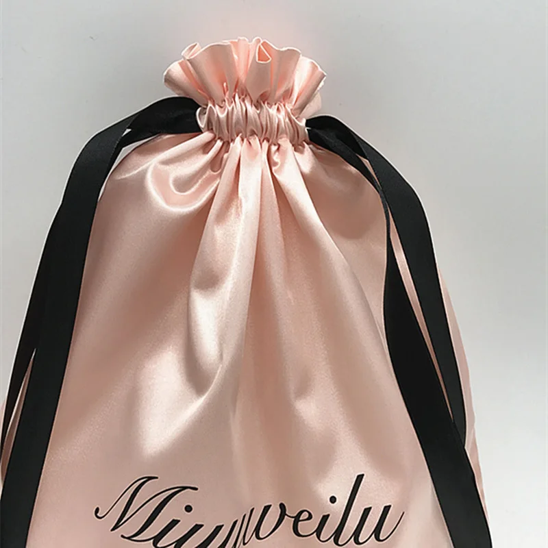 Smoothly Silk Hair Bags Cloth Shoes Jewelry Packaging Gift Wrappling Bright Satin Dust-proof Drawstring Pouch Custom Logo Print