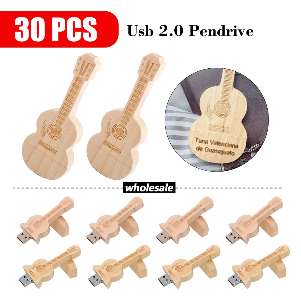 

30PCS Maple Wood Guitar USB 2.0 Flash Drive Cool Creative Gift Memory Stick 64GB custom logo External Storage 32GB 8GB pen drive