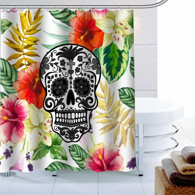 Modern Skull Flower Shower Curtain Palm Decor Waterproof Polyester Fabric Bath Curtain 180X180cm Eco-friendly Bathroom Curtain