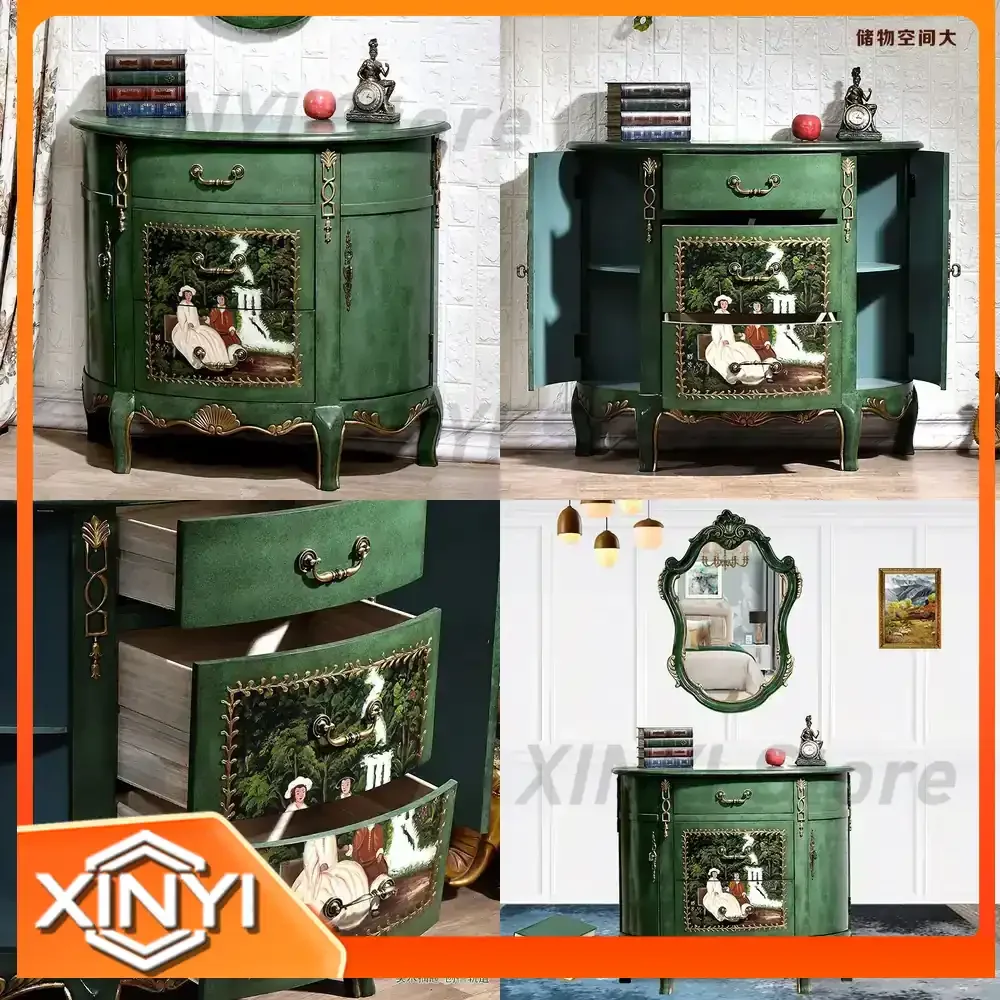 Hand-Painted American Semicircular Entrance Cabinet Mirror for Living Room Sofa Emerald Foyer Bedroom Dresser Side Cabinet