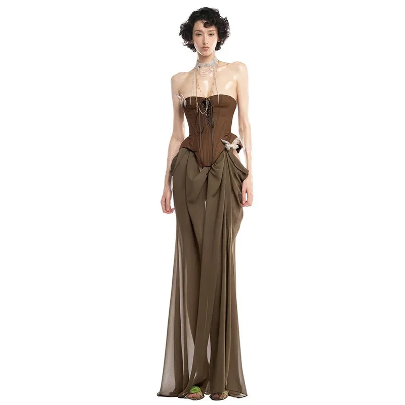 

Lunaria Sexy Women Detail Strapless Long Dress Aesthetic Chic Detachable Corset Top Vintage Elegant Maxi