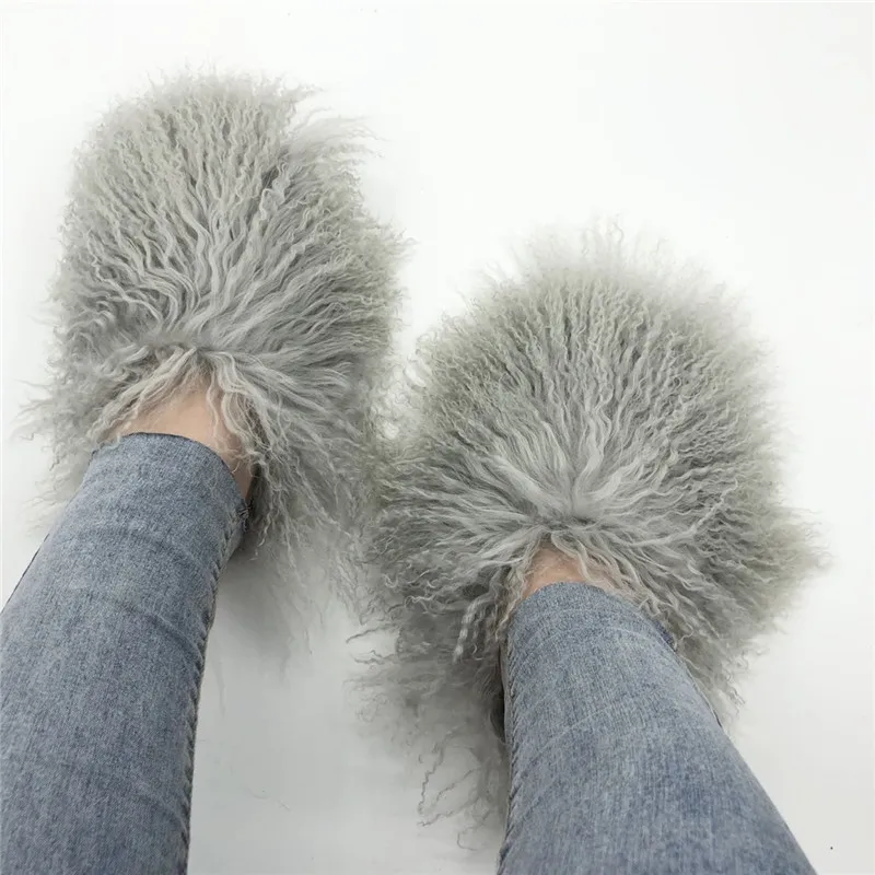 Women Winter Luxury Mongolian Fur Slides Plush Long Designer Fuzzy Fur Sandals Luxury Fashion Flat Furry Slippers