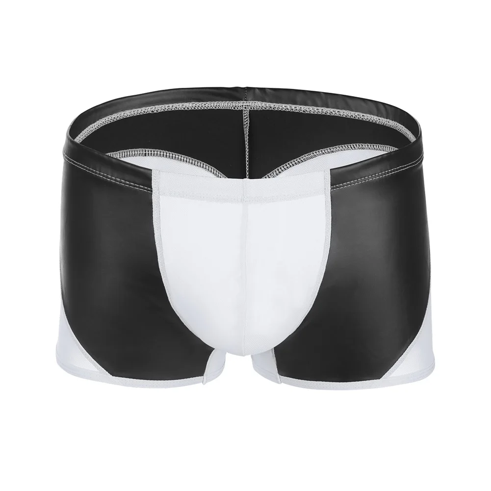 Men Faux Leather Splicing Boxer Shorts Extreme Men's Underwear Translucent Underpants Mesh Briefs Pouch Trunks Men's Clothing