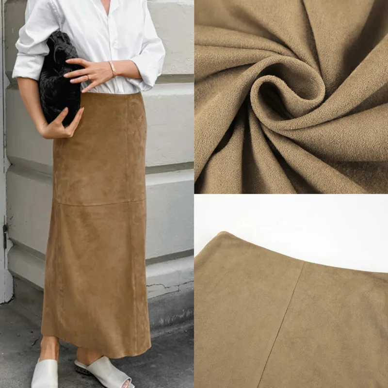 

Soft Suede Texture Skirt For Women In Neutral Khaki High Waisted Straight Fit Long Style Perfect For Fall Commute Or City Look