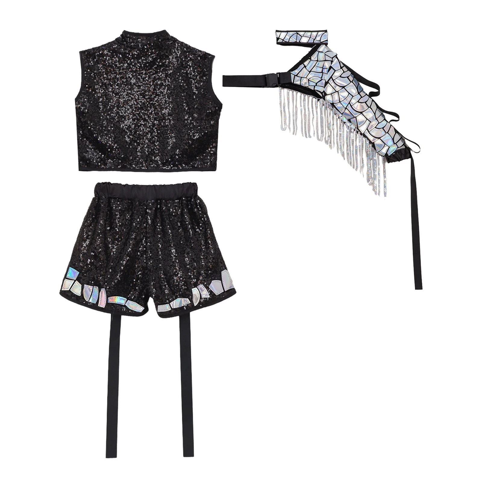 Children Hip Hop Jazz Street Dance Performance Costume Shiny Sequin Catwalk Show Outfit Crop Top with Shorts Detachable Sleeve