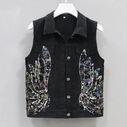 Fashion Denim Vest Women New Spring Summer Sequined Phoenix Flower Sleeveless Short Jacket Female Jean Waistcoat Outerwear T056