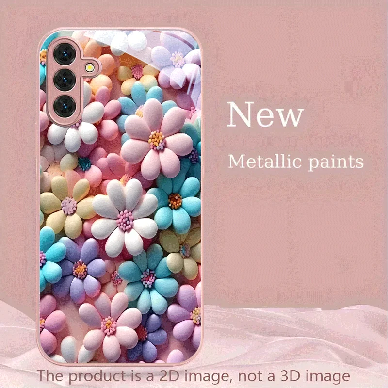 Macaron-colored flower-patterned Electroplated glass phone case, suitable for Samsung S26/S25/S24/S23/S22/S21/S20, etc. models.