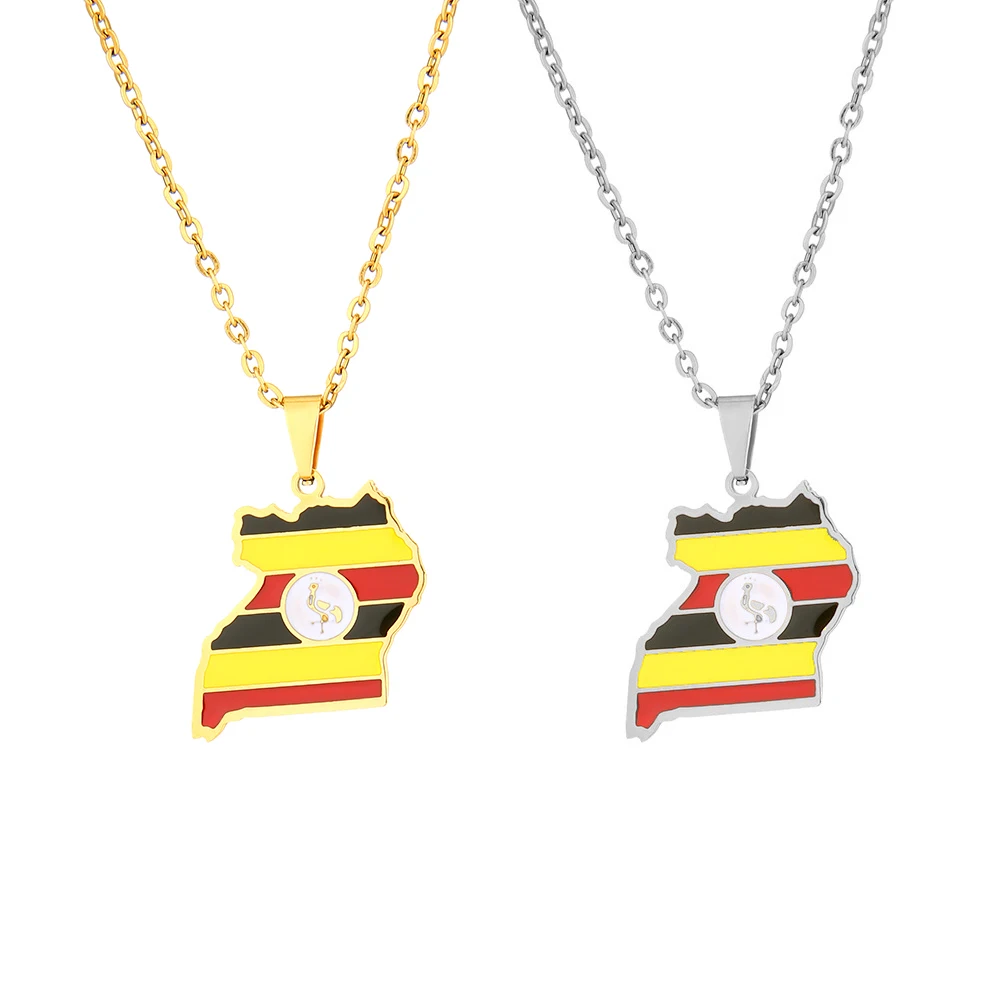 Africa Uganda Map Flag Pendant Necklace Gold/Silver Color Stainless Steel Ugandan Men Women Maps Jewelry Gift