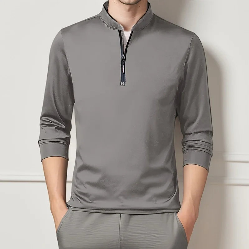 Men's Casual Fashion Solid Color Long Sleeved Polo Shirt Stand Up Collar Versatile Comfortable Top