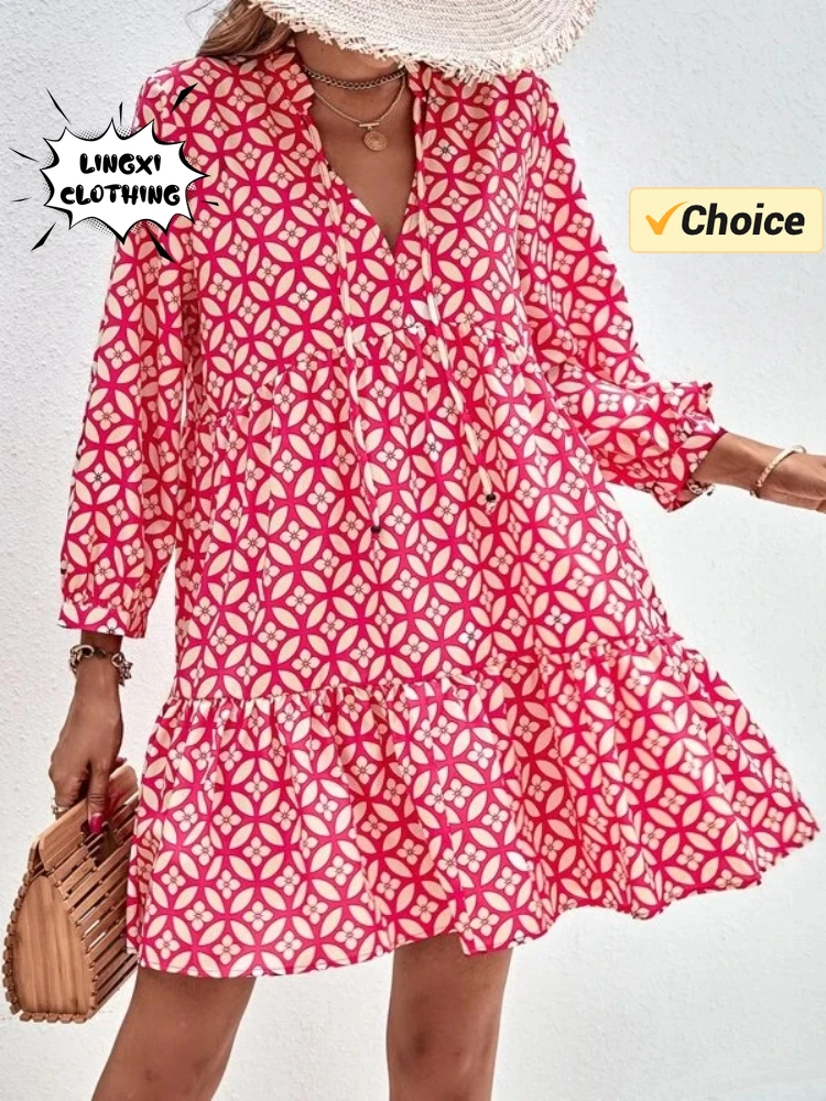 Letnia moda Nowa elegancka sukienka z nadrukiem Seksowny styl plażowy Temperament Krótki dekolt w szpic Długość do kolan Sukienka w stylu wakacyjnym