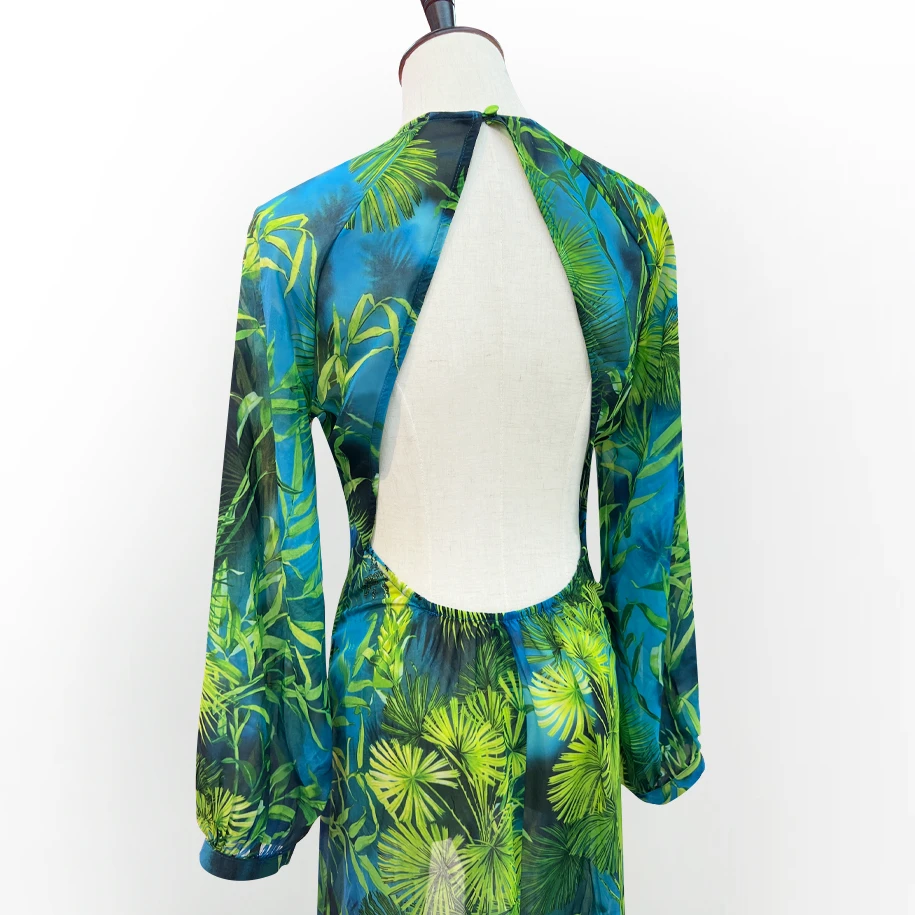 Groene Lange Print Diepe V-Hals Holle Rug Jurk Met Sieraden Knopen Banket Rok Feest Strand Rok