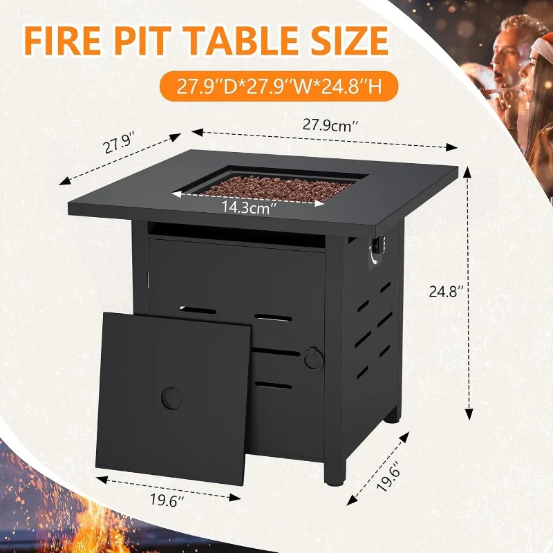 28 Inch Propane Fire Pit Outdoor Fire Pit Table 50000 BUT Gas Fire Pit with Lid and Lava Rock, 2-in-1 Table