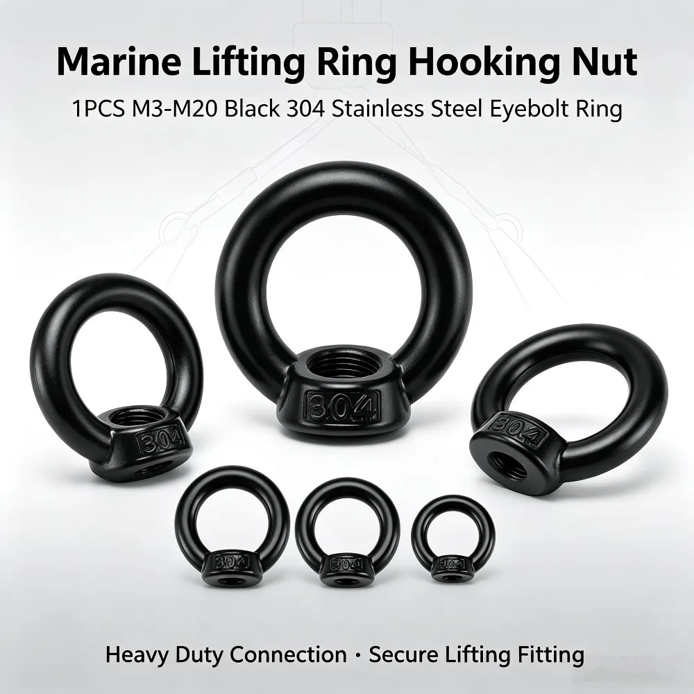 1PCS M3-M20 Black 304 Stainless Steel Lifting Eye Nuts, Heavy Duty Ring Hooking Nut for Marine Rigging and Lifting Connection