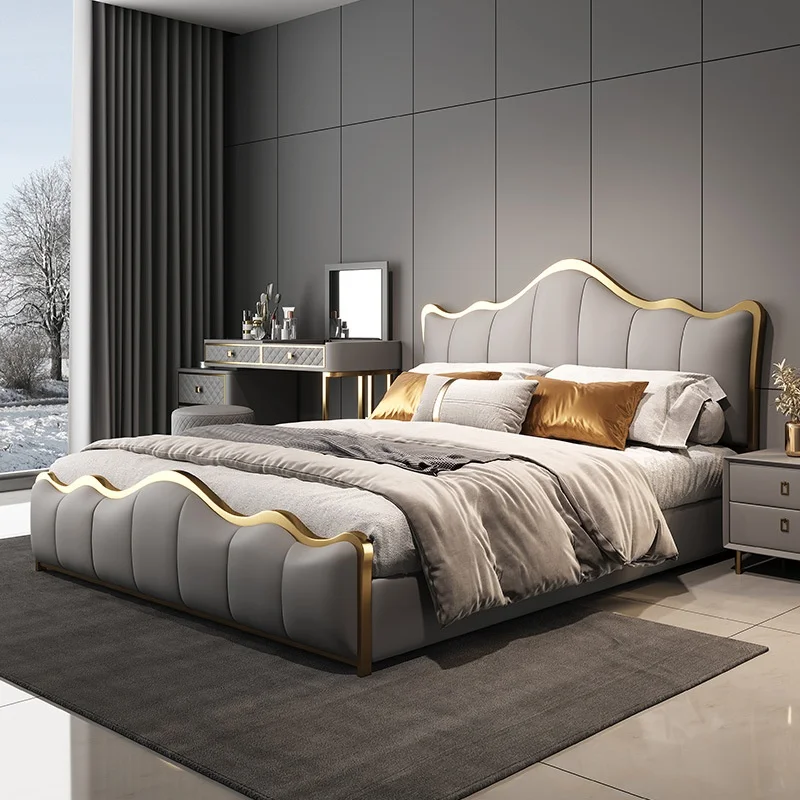 

*Modern Luxury Double Soft with Genuine Leather Material, High Back Headboard, and Solid Wood Stainless Steel Frame